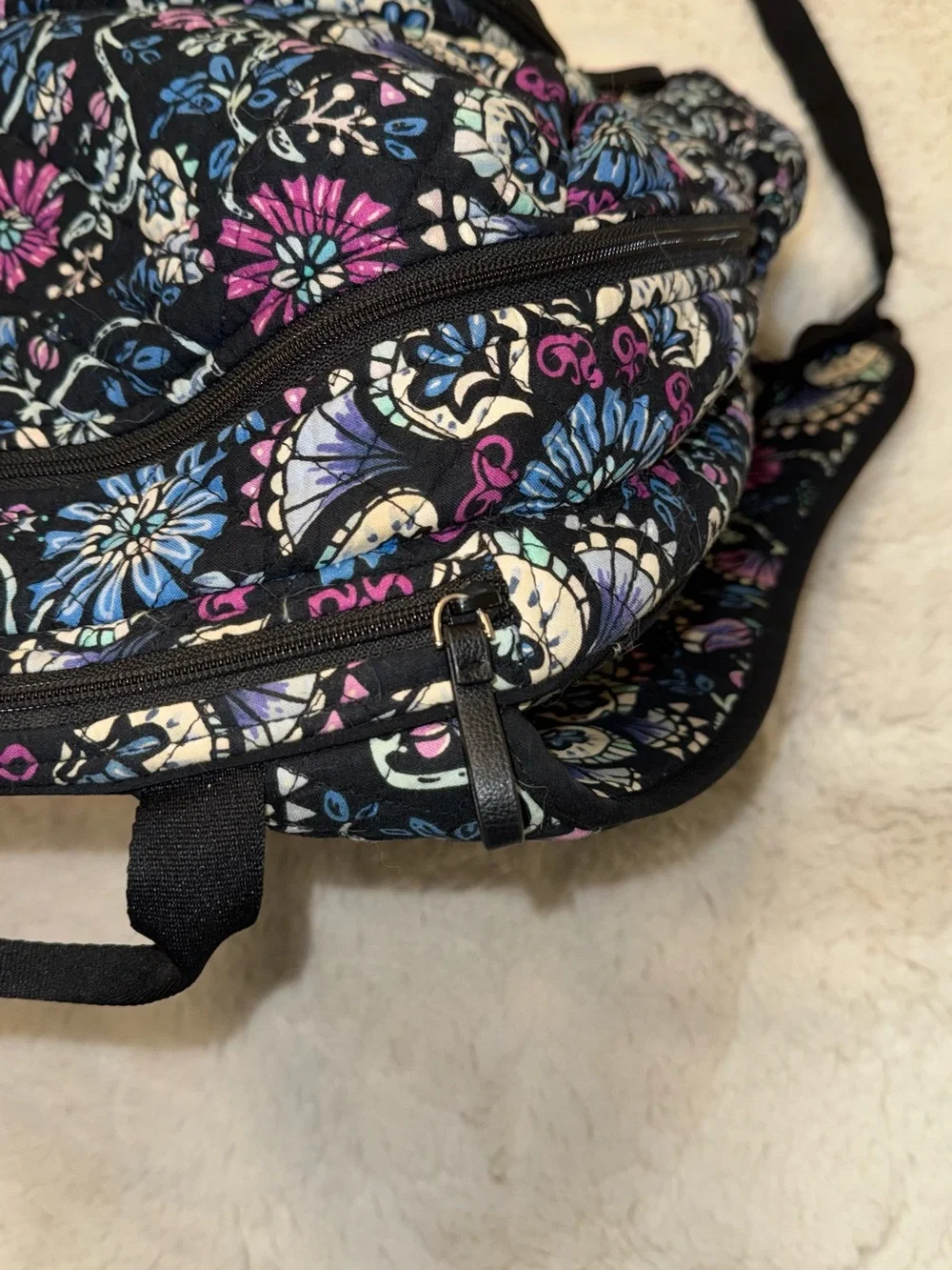 Vera Bradley Black Floral Quilted Backpack with Blue & Purple Accents